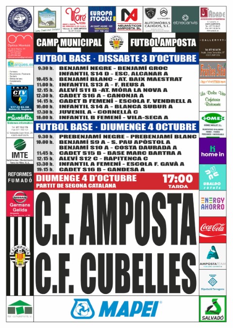 Jornada 3 SEGONA CATALANA GRUP 6. Diumenge 4 d�octubre 17:00 hores: CF AMPOSTA - CF CUBELLES